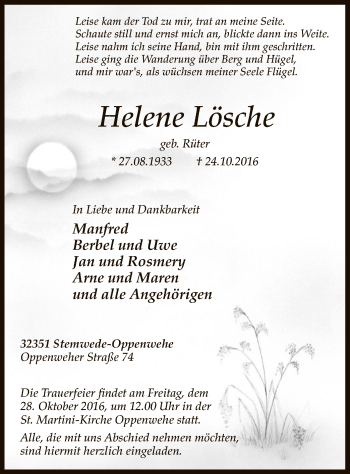 Traueranzeige von Helene Lösche von SYK