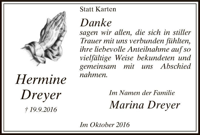  Traueranzeige für Hermine Dreyer vom 29.10.2016 aus SYK