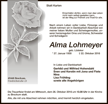 Traueranzeige von Alma Lohmeyer von SYK