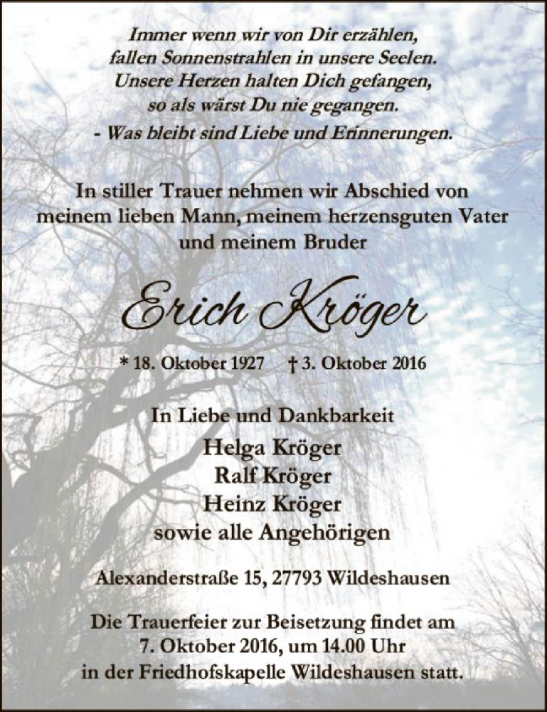  Traueranzeige für Erich Kröger vom 05.10.2016 aus SYK