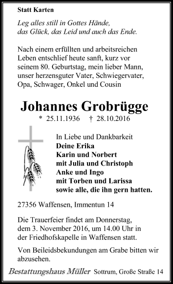 Traueranzeige von Johannes Grobrügge von SYK