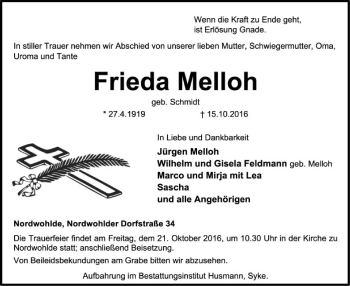 Traueranzeige von Frieda Melloh von SYK