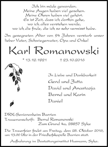 Traueranzeige von Kari Romanowski von SYK