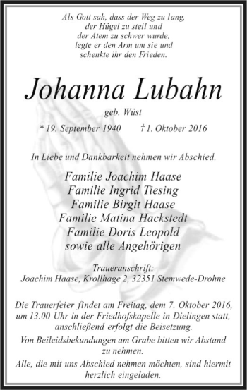 Traueranzeige von Johanna Lubahn von SYK