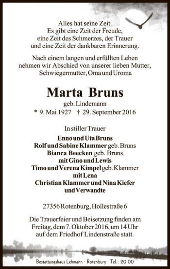 Traueranzeige von Marta Bruns von SYK