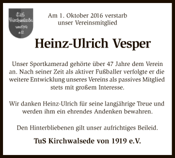 Traueranzeige von Heinz-Ulrich Vesper von SYK