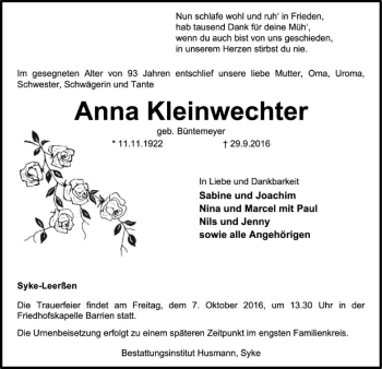 Traueranzeige von Anna Kleinwechter von SYK