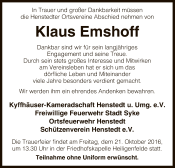 Traueranzeige von Klaus Emshoff von SYK