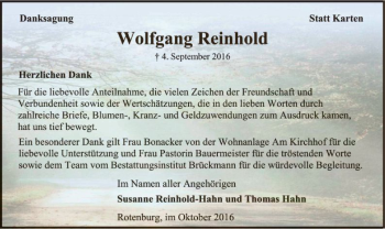 Traueranzeige von Wolfgang Reinhold von SYK