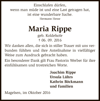 Traueranzeige von Maria Rippe von SYK