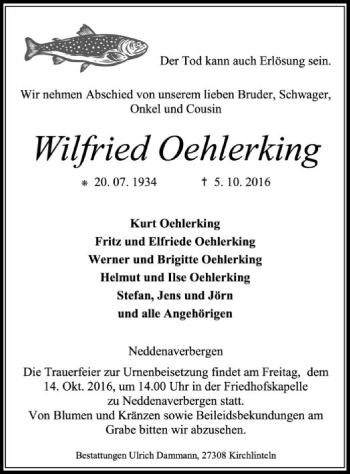 Traueranzeige von Wilfried Oehlerking von SYK