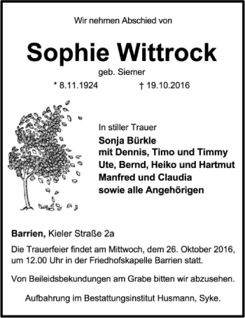 Traueranzeige von Sophie Wittrock von SYK