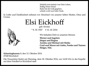 Traueranzeige von Elsi Eickhoff von SYK