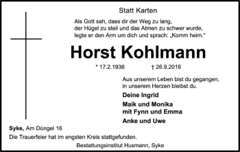 Traueranzeige von Horst Kohlmann von SYK