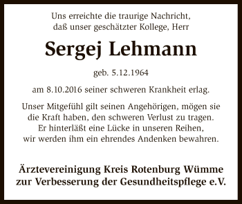 Traueranzeige von Sergej Lehmann von SYK