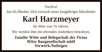 Traueranzeige von Karl Harzmeyer von SYK