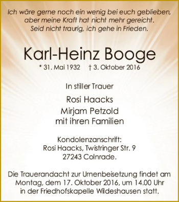 Traueranzeige von Karl-Heinz Booge von SYK