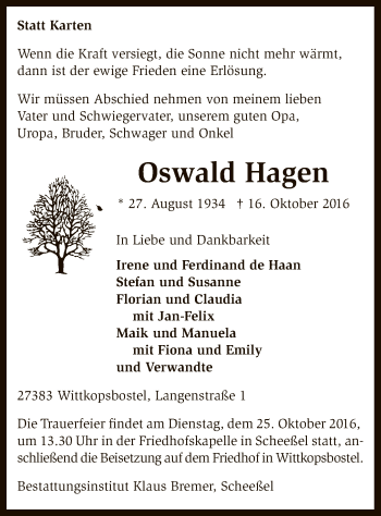 Traueranzeige von Oswald Hagen von SYK