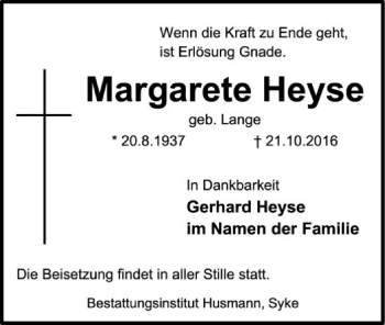 Traueranzeige von Margarete Heyse von SYK