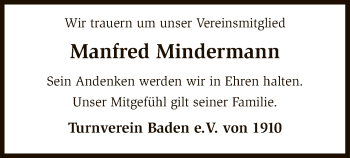 Traueranzeige von Manfred Mindermann von SYK