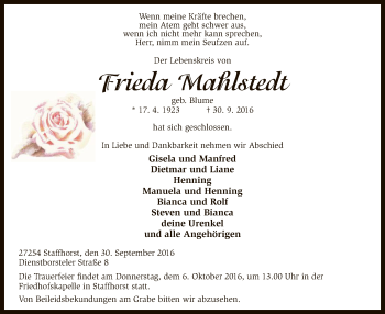 Traueranzeige von Frieda Mahlstedt von SYK