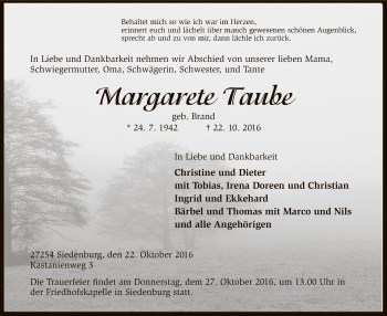 Traueranzeige von Margarete Taube von SYK