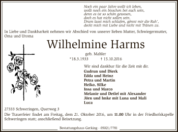 Traueranzeige von Wilhelmine Harms von SYK