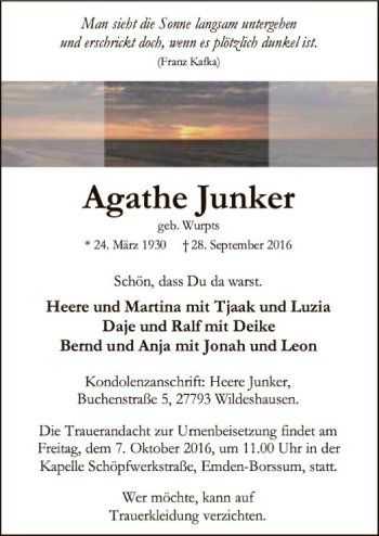 Traueranzeige von Agathe Junker von SYK