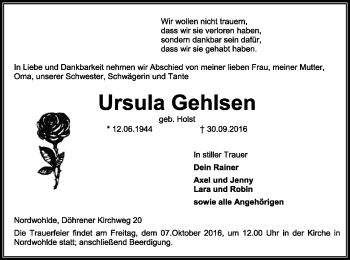 Traueranzeige von Ursula Gehlsen von SYK