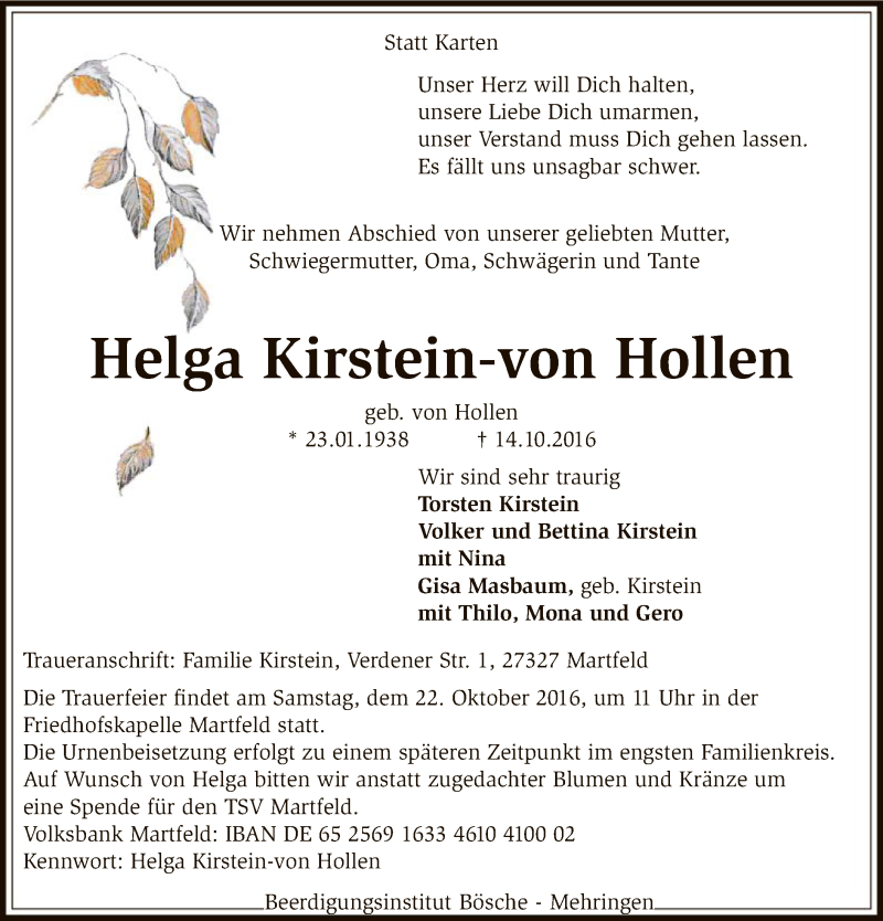  Traueranzeige für Helga  Kirstein-von Hollen vom 19.10.2016 aus SYK