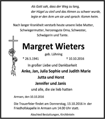 Traueranzeige von Margret Wieters von SYK