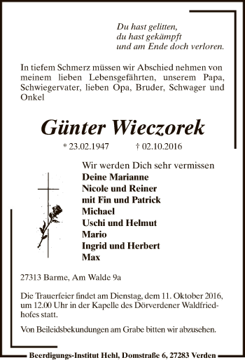 Traueranzeige von Günter Wieczorek von SYK