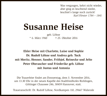 Traueranzeige von Susanne Heise von SYK