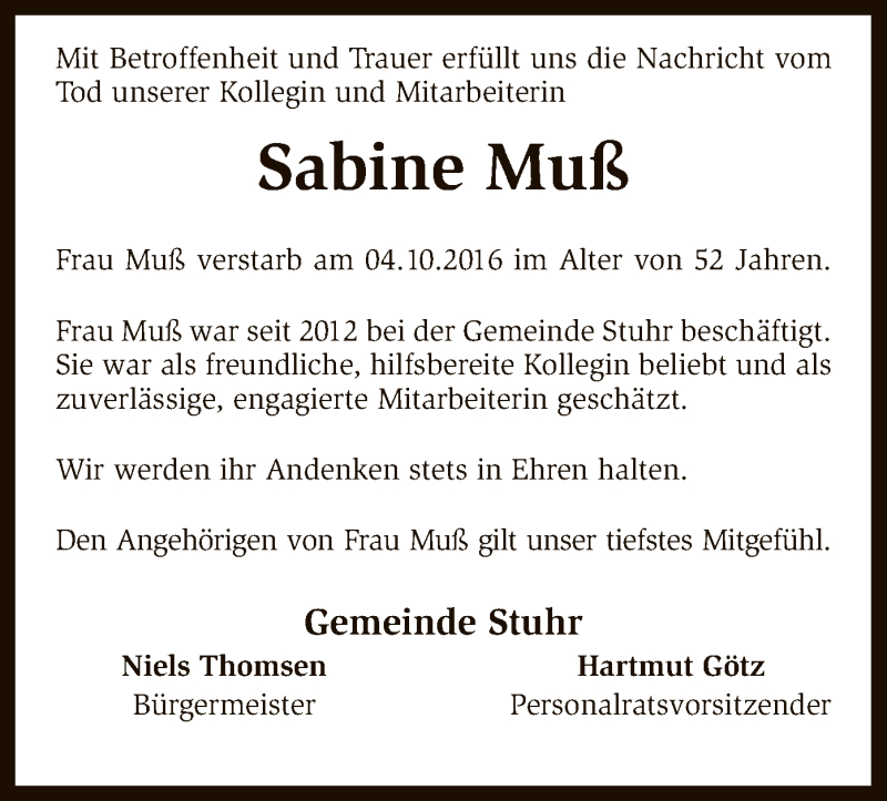  Traueranzeige für Sabine Muß vom 19.10.2016 aus SYK