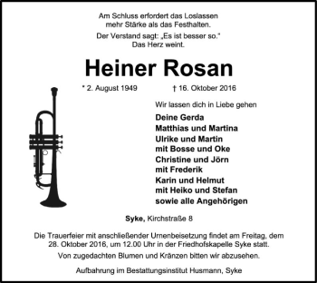 Traueranzeige von Heiner Rosan von SYK