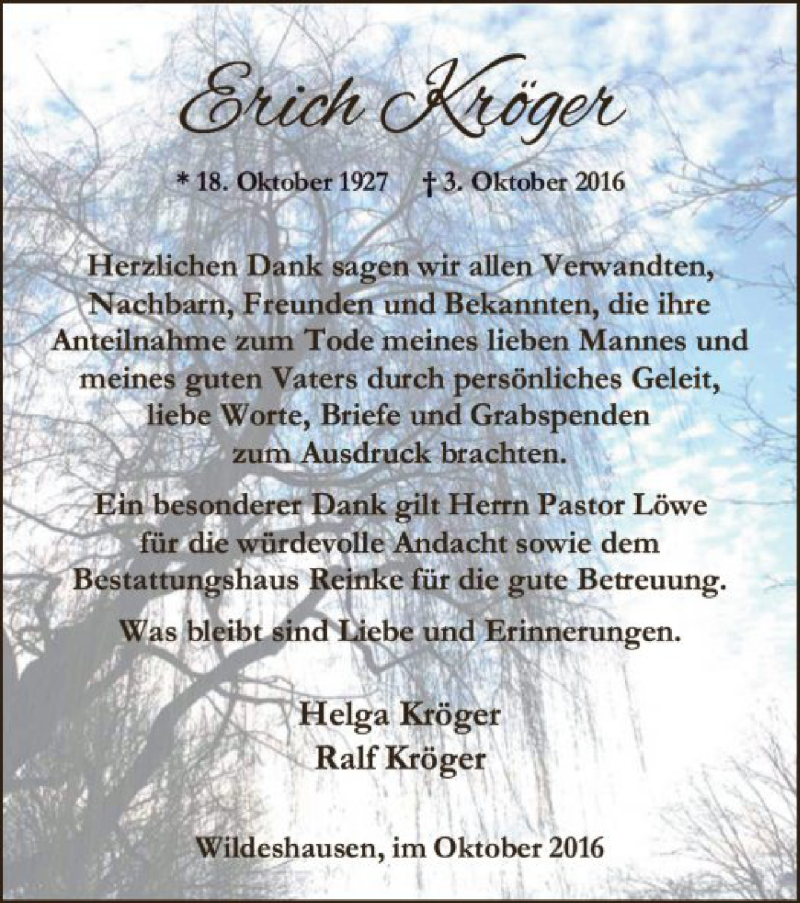  Traueranzeige für Erich Kröger vom 29.10.2016 aus SYK