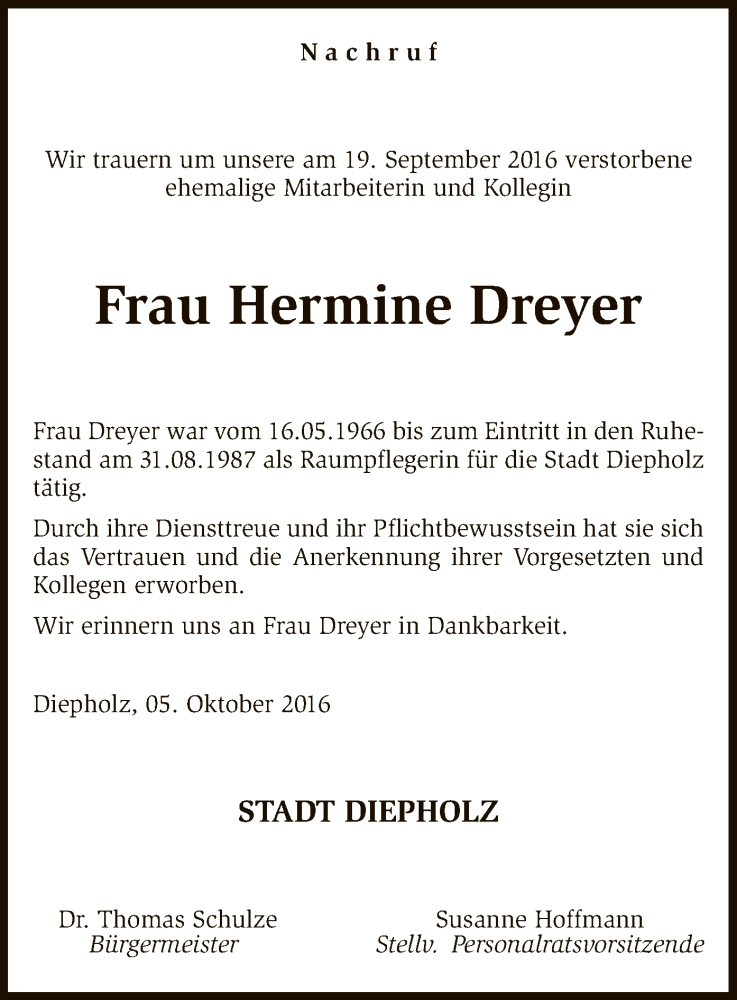  Traueranzeige für Hermine Dreyer vom 06.10.2016 aus SYK