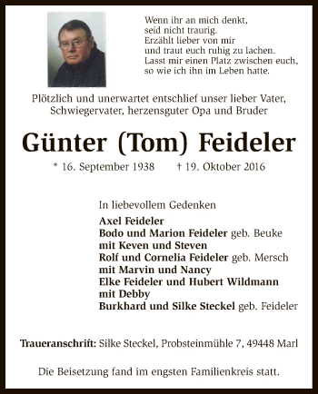 Traueranzeige von Günter Feideler von SYK