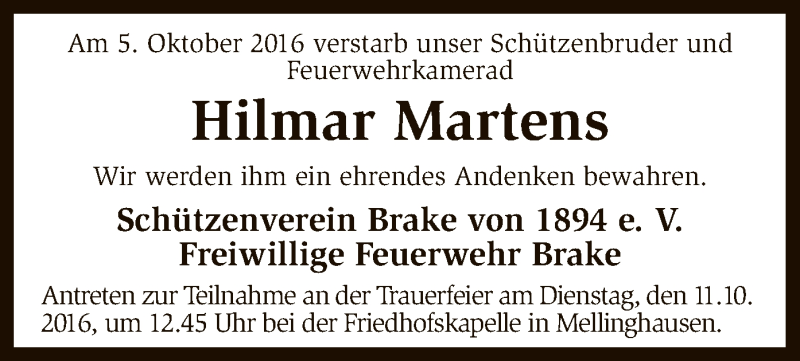  Traueranzeige für Hilmar Martens vom 08.10.2016 aus SYK