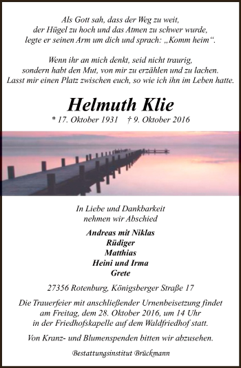 Traueranzeige von Helmuth Klie von SYK