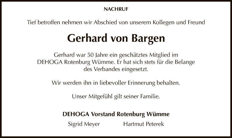  Traueranzeige für Gerhard von Bargen vom 22.10.2016 aus SYK