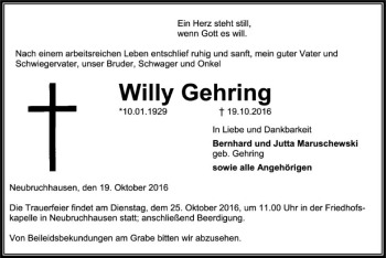 Traueranzeige von Willy Gehring von SYK