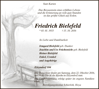 Traueranzeige von Friedrich Bielefeld von SYK