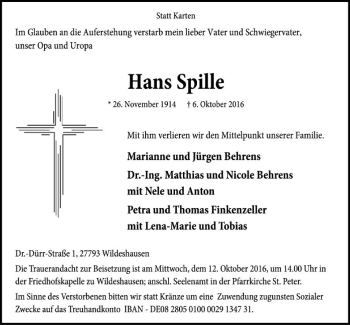 Traueranzeige von Hans Spille von SYK