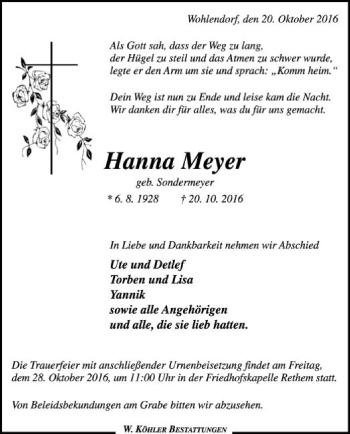 Traueranzeige von Hanna Meyer von SYK