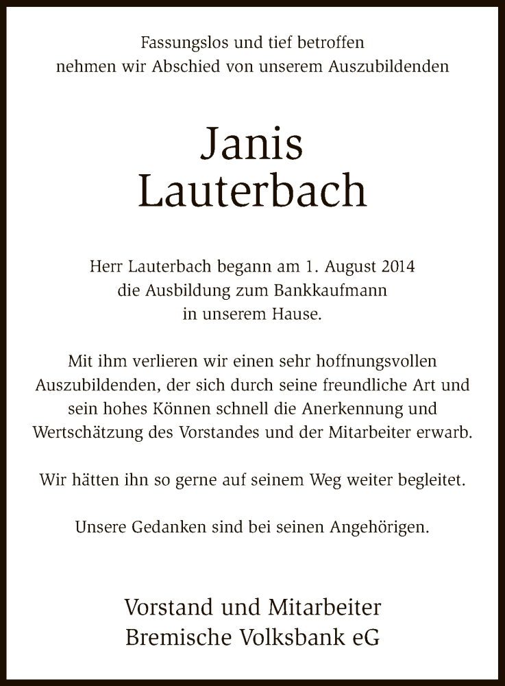  Traueranzeige für Janis Lauterbach vom 08.10.2016 aus SYK