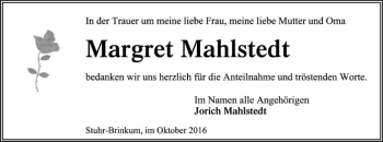 Traueranzeige von Margret Mahlstedt von SYK