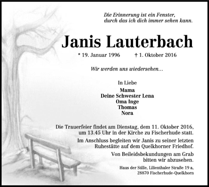  Traueranzeige für Janis Lauterbach vom 08.10.2016 aus SYK