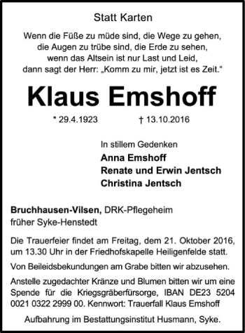 Traueranzeige von Klaus Emshoff von SYK