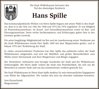 Traueranzeige von Hans Spille von SYK
